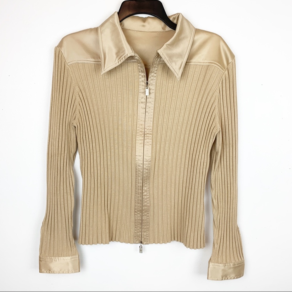 SATIN TRIMMED RIBBED ZIP UP JACKET TAN CAREER SZ S